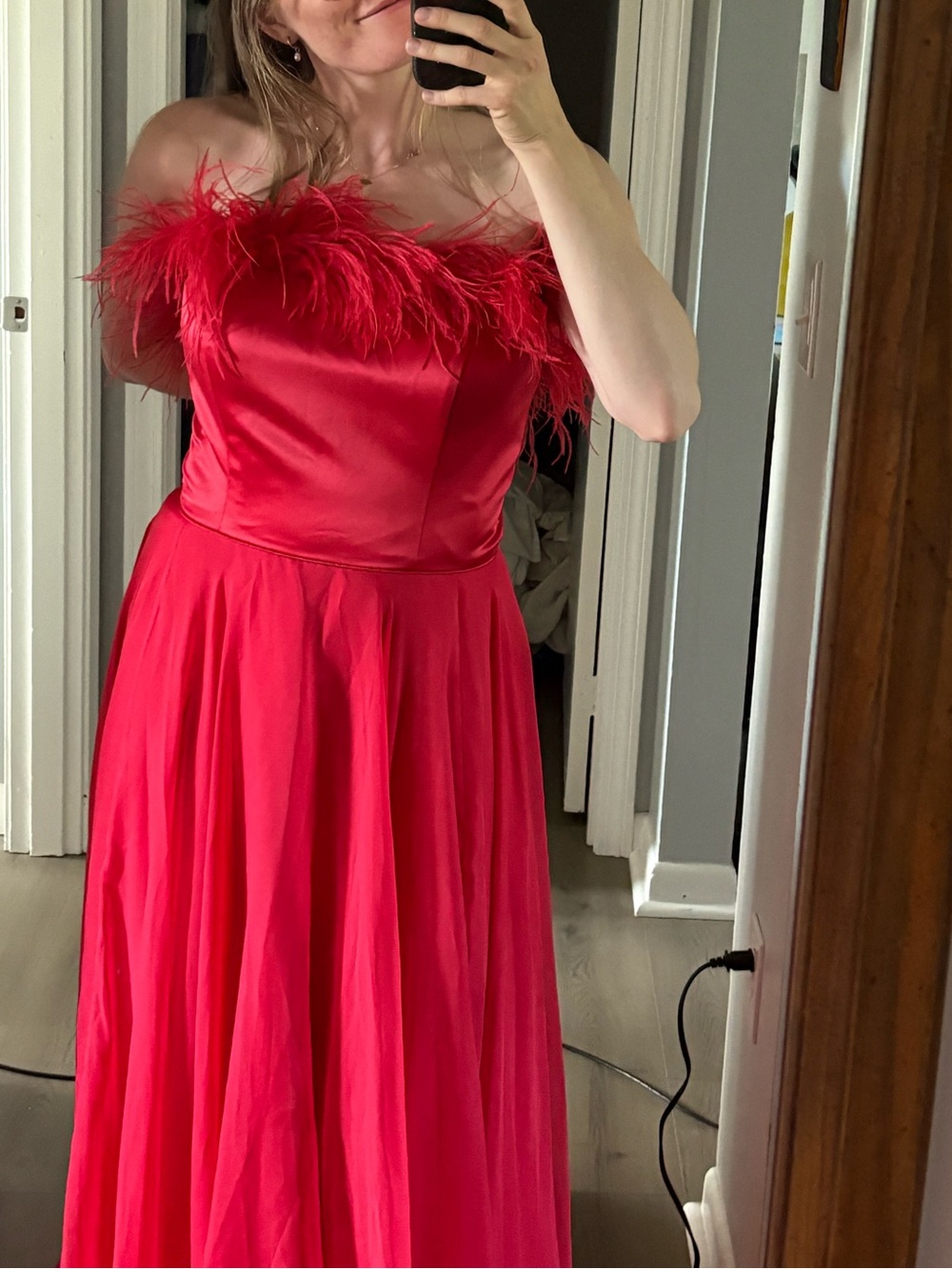 Sherri Hill 54909 Red Strapless Feather Trim High-Low Prom Dress Gown Size 14
